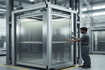 Technician interacting with the control panel of a transparent industrial elevator or lift.