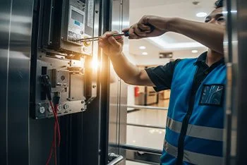Close-up of a service technician wearing a blue safety vest, using a screwdriver to work on the electrical or mechanical control panel of an elevator or machinery, with a bright lens flare creating a glow on the right.