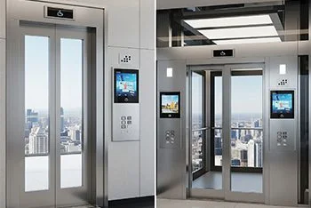 A split image showing the interior and exterior of a modern, high-rise elevator. On the left, the closed stainless steel doors feature full-height glass panels with an accessibility icon above. On the right, the doors are open, revealing the polished metal car interior, multiple digital display panels, and a breathtaking view of a city skyline from a tall building.
