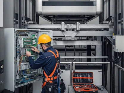 Elevator technician wearing a hard hat and safety harness working on the elevator control panel inside a lift shaft with tools and wiring visible.