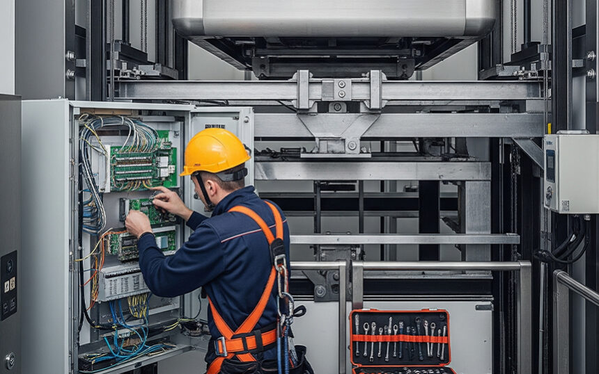 Elevator technician wearing a hard hat and safety harness working on the elevator control panel inside a lift shaft with tools and wiring visible.