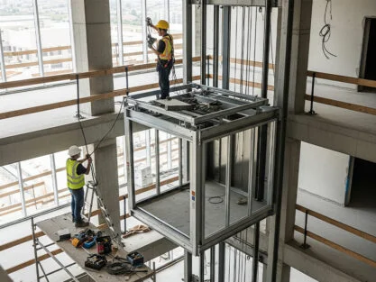 Construction workers installing an elevator cabin inside a building shaft with safety helmets and harnesses.