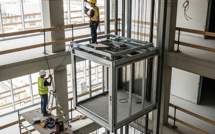 Construction workers installing an elevator cabin inside a building shaft with safety helmets and harnesses.