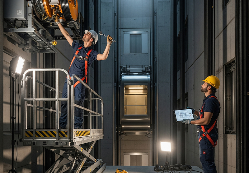 Two elevator technicians in a lift shaft inspecting and maintaining elevator machinery, one holding a tablet and the other using tools on the equipment.