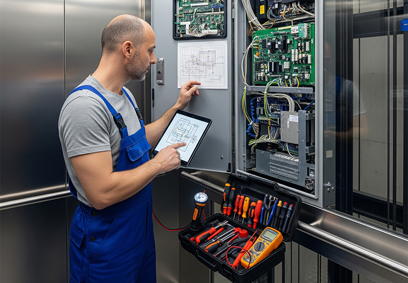 Technician inspecting and repairing elevator control panel with tools and a tablet showing wiring diagrams.